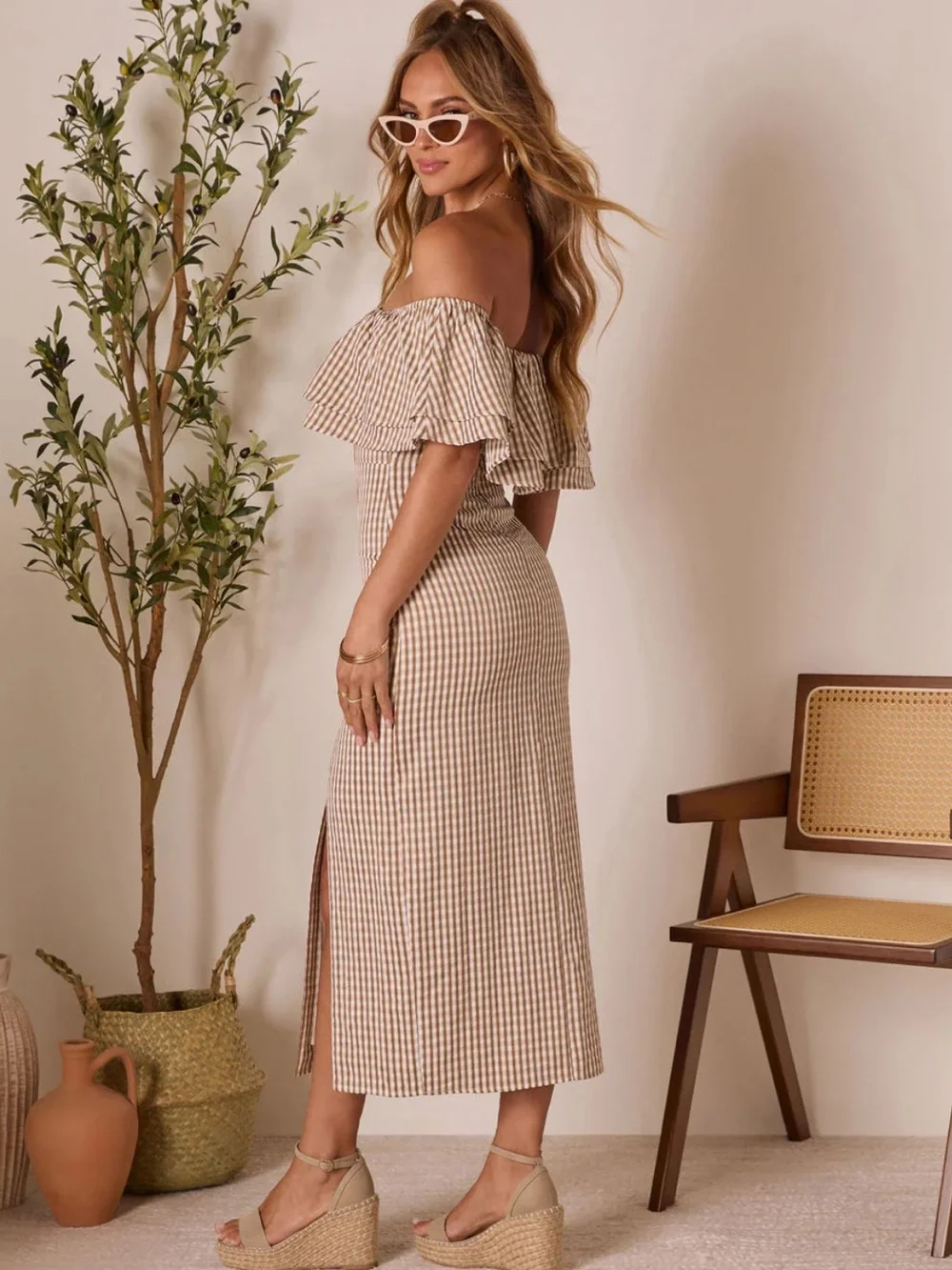 VICI Off-Shoulder Gingham Midi Dress - Picture 2 of 9